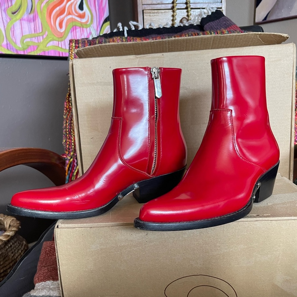 Calvin Klein 205W39NYC Tiesa Red Leather Ankle Boots sz 38 - Picture 3 of 9